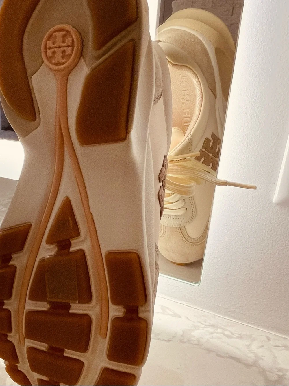 Good Luck Trainer by Tory Burch Cream and Beige Suede-Trim Sneakers♥️